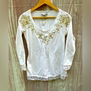 RXB size M vintage Y2K Ivory gold Floral Embroidered studded lace Top